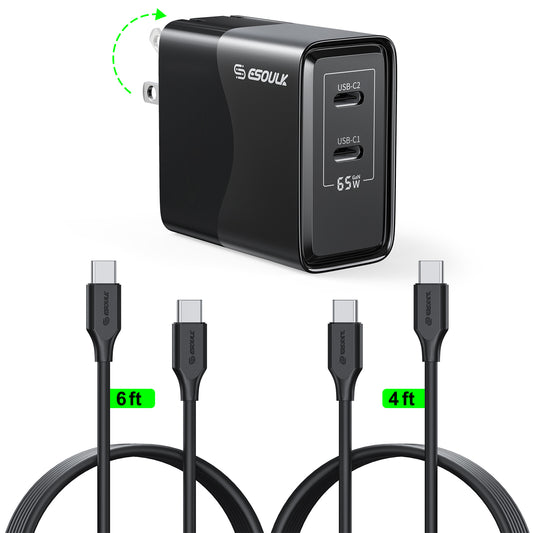 ESOULK 65W GaN Dual USB-C WALL CHARGER+4FT & 6FT USB-C CABLE  ( 1107706) (MSRP $79.99)