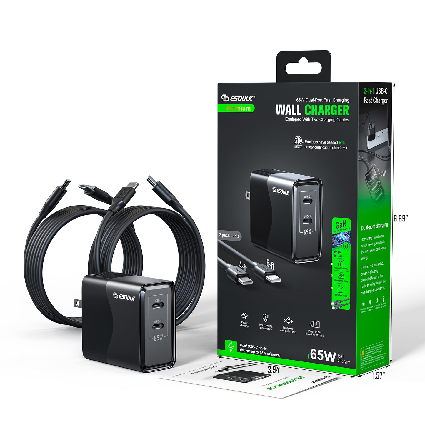 ESOULK 65W GaN Dual USB-C WALL CHARGER+4FT & 6FT USB-C CABLE  ( 1107706) (MSRP $79.99)