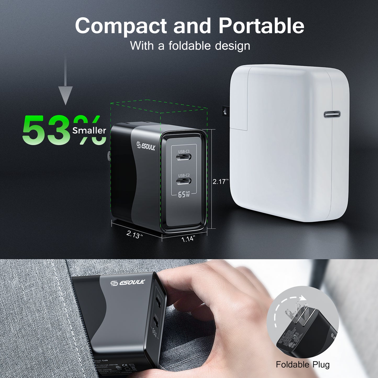 ESOULK 65W GaN Dual USB-C WALL CHARGER+4FT & 6FT USB-C CABLE  ( 1107706) (MSRP $79.99)