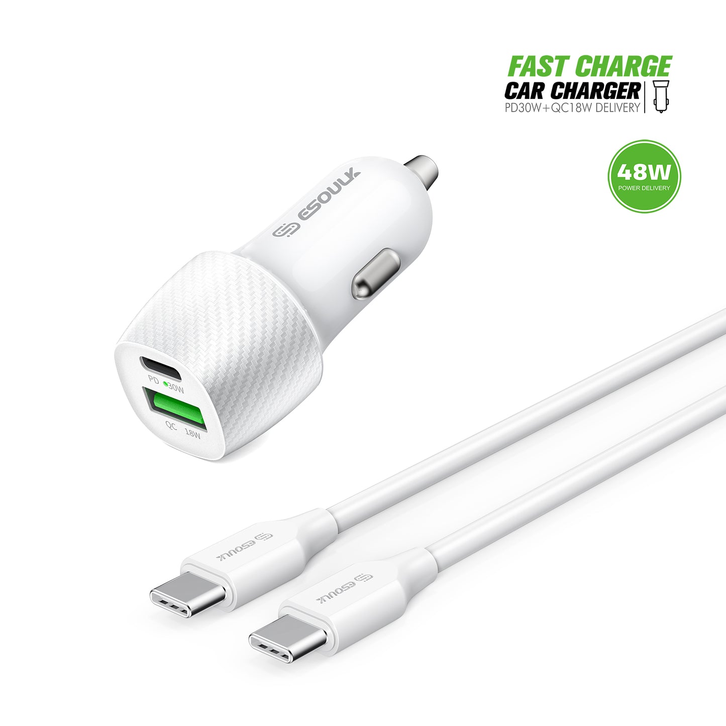 Esoulk 48W PD&QC CAR CHARGER +3FT USB-C TO USB-C CABLE (1106728)