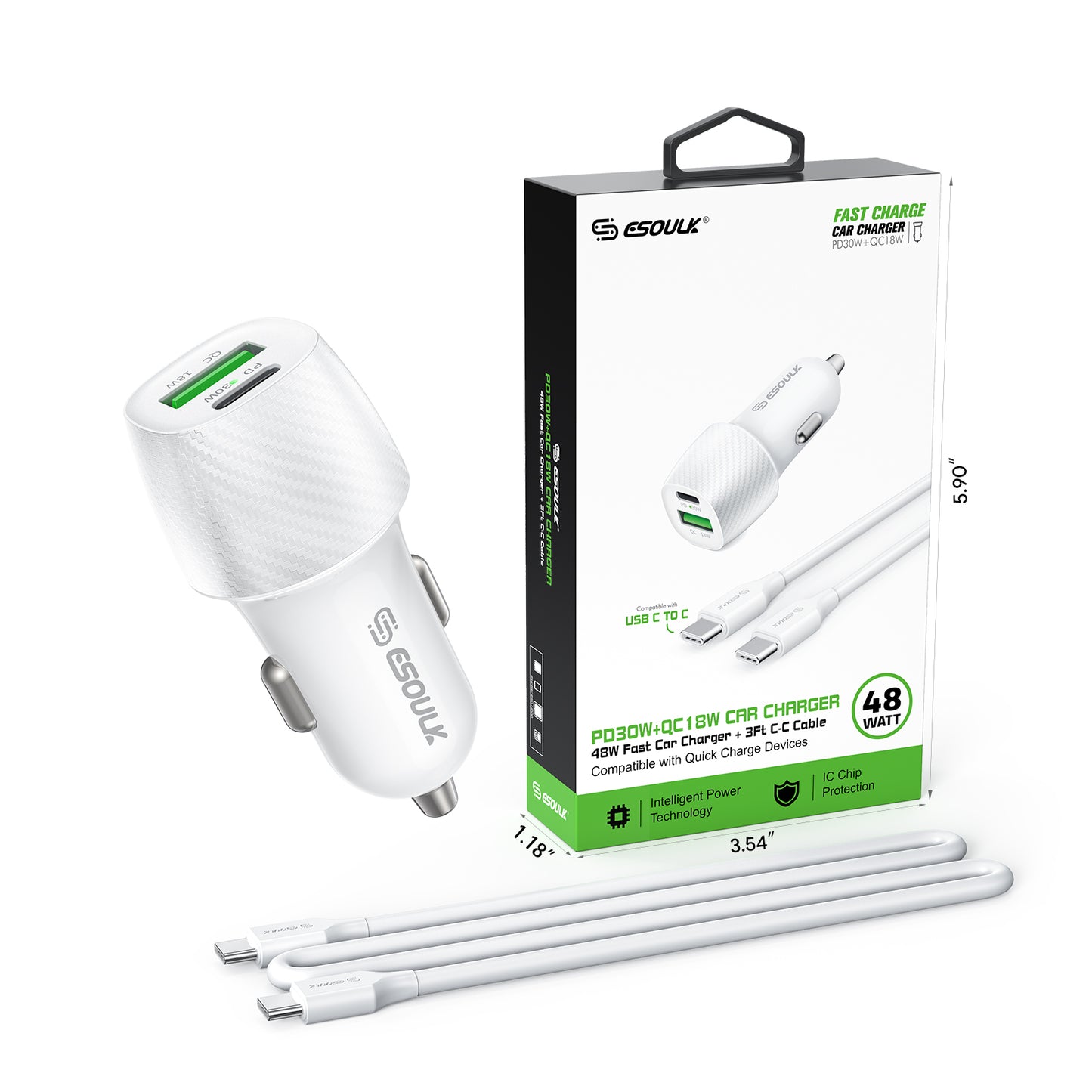 Esoulk 48W PD&QC CAR CHARGER +3FT USB-C TO USB-C CABLE (1106728)
