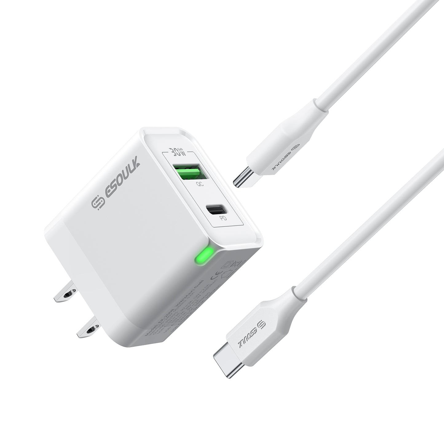 ESOULK 30W PD&QC Wall Charger +5Ft USB-C To USB-C Cable - WHITE (1107795)