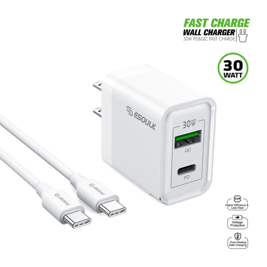 ESOULK 30W PD&QC Wall Charger +5Ft USB-C To USB-C Cable - WHITE (1107795)