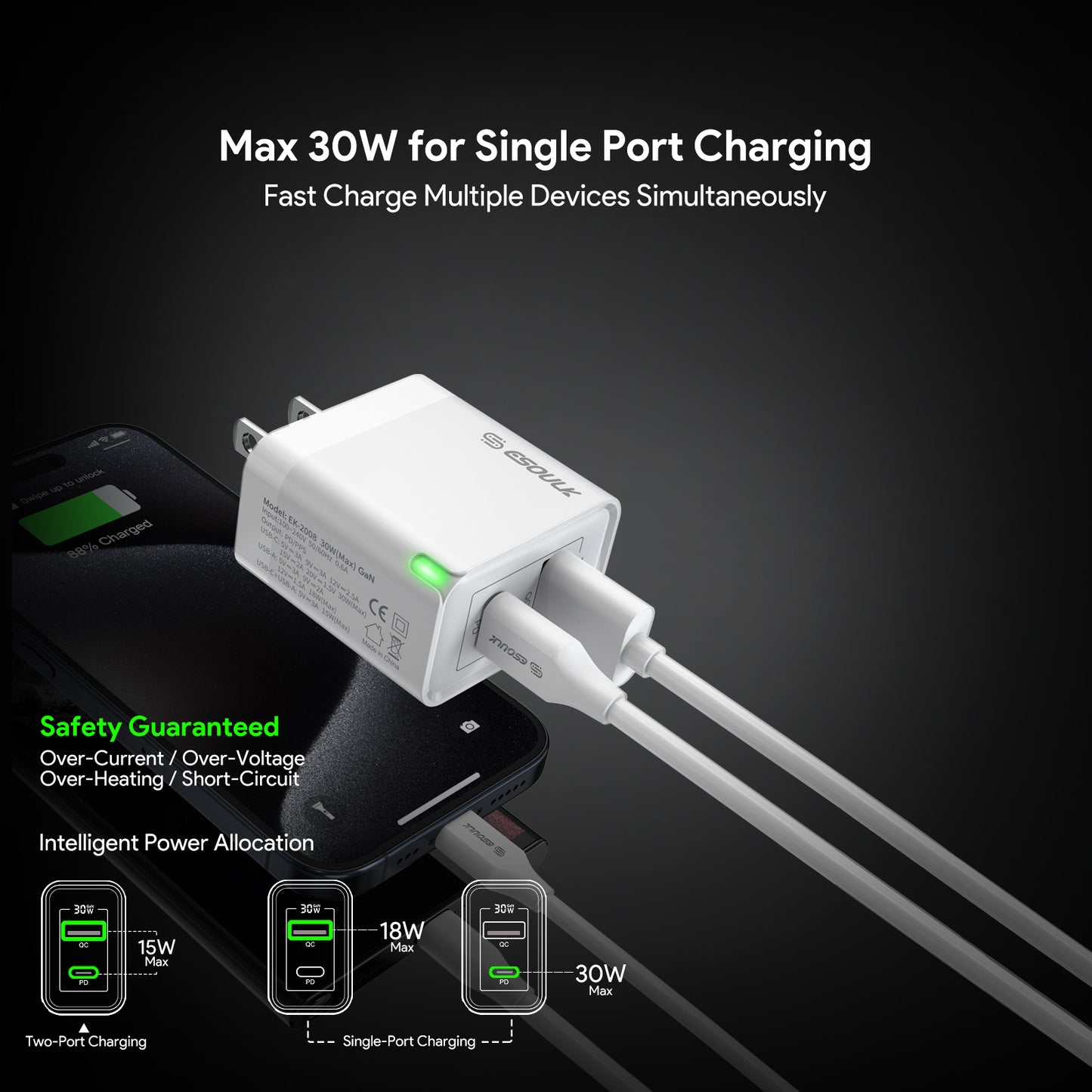 ESOULK 30W PD&QC Wall Charger +5Ft USB-C To USB-C Cable - WHITE (1107795)