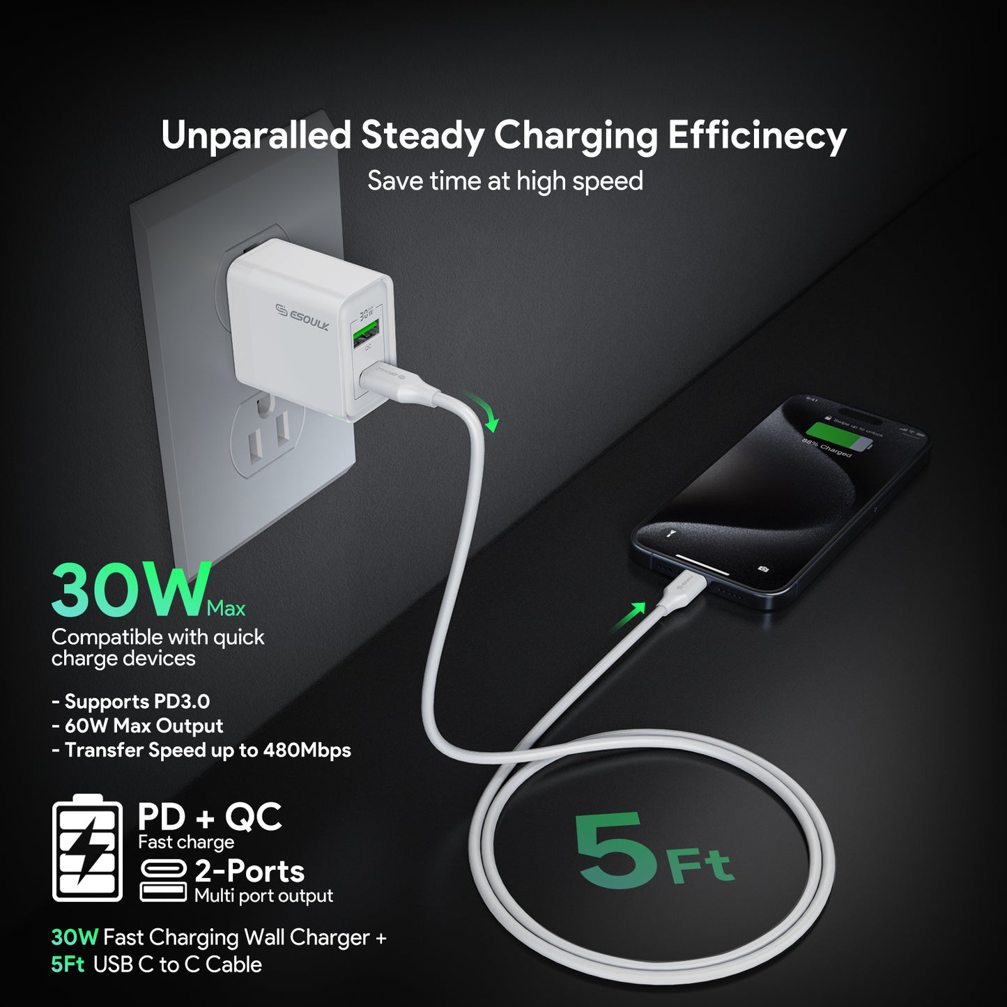 ESOULK 30W PD&QC Wall Charger +5Ft USB-C To USB-C Cable - WHITE (1107795)
