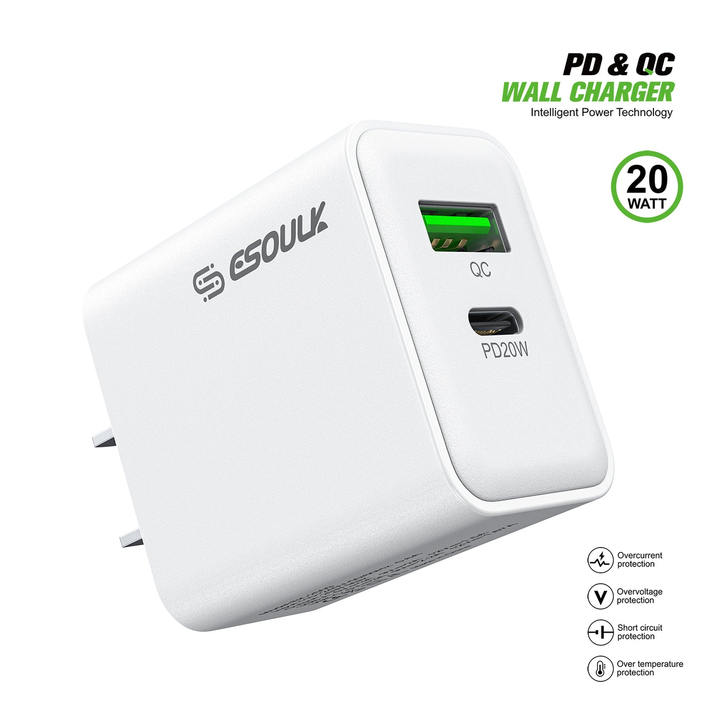 Esoulk 20W PD&QC Wall Charger organized display box with 12 individual units – White (1102923)