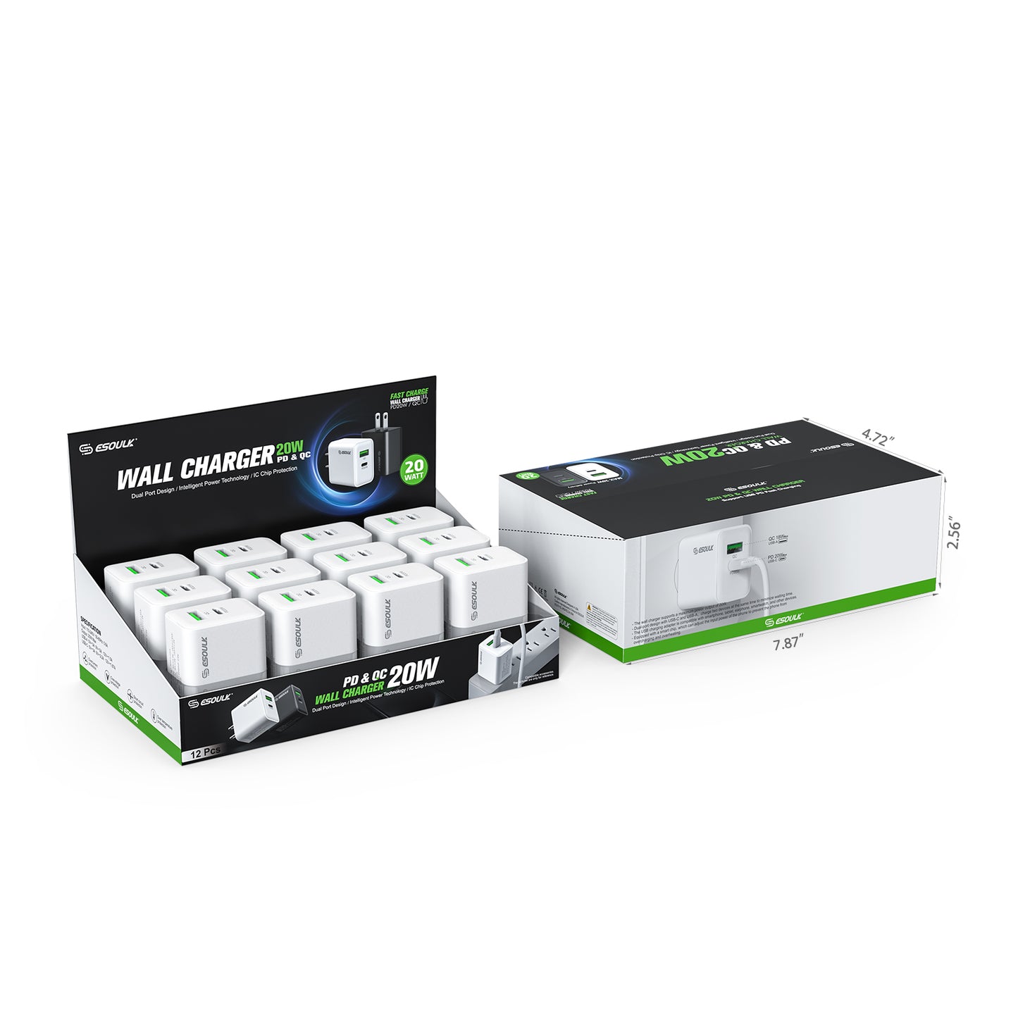 Esoulk 20W PD&QC Wall Charger organized display box with 12 individual units – White (1102923)