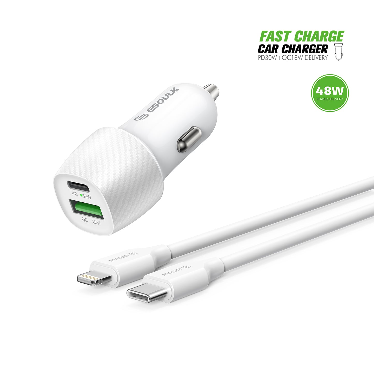 ESOULK 48W PD&QC Car Charger +3Ft USB-C To 8Pin Cable - White (1107820)