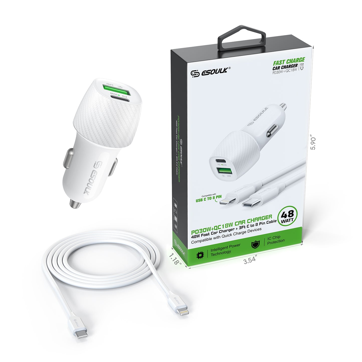 ESOULK 48W PD&QC Car Charger +3Ft USB-C To 8Pin Cable - White (1107820)