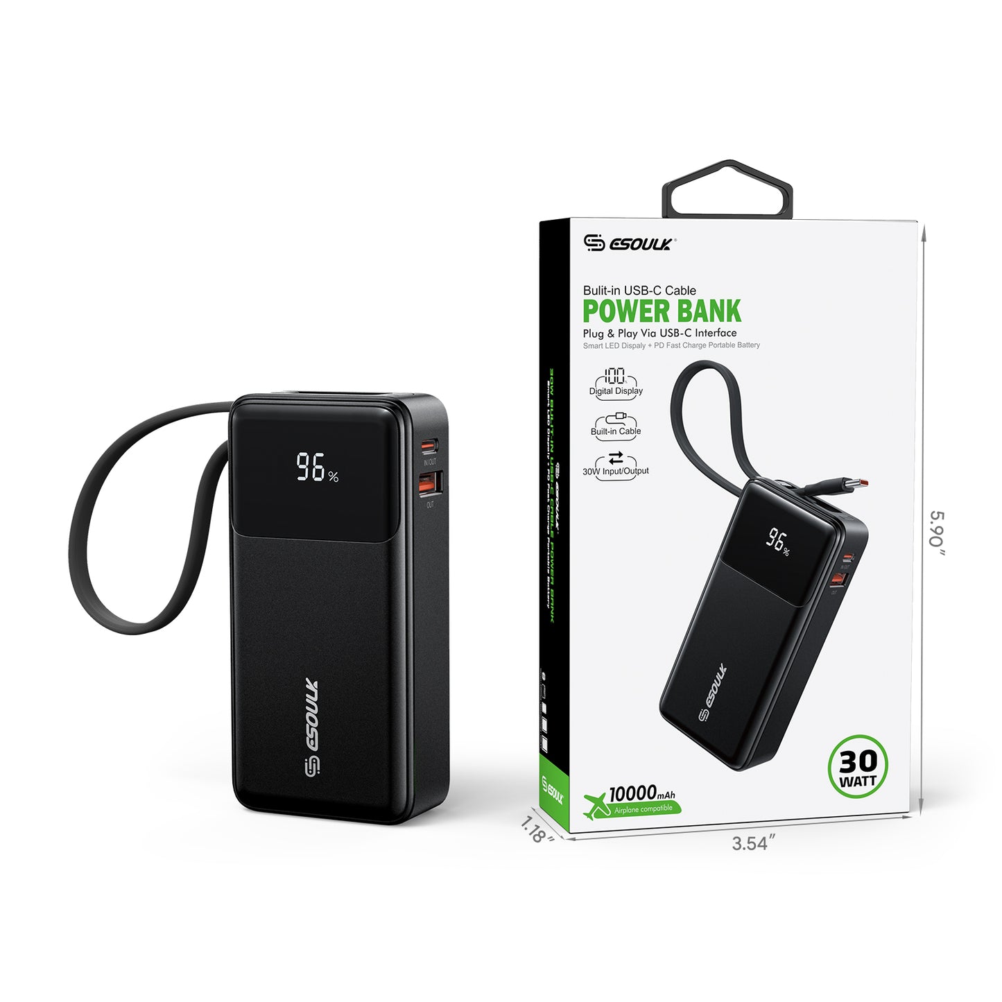 Esoulk 10000mah 30W Bulit-In USB-C Cable Power Bank (1107121)
