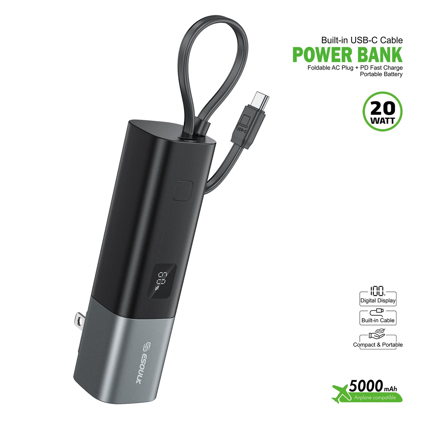 Esoulk 5000mAh PD 20W Built-in Foldable AC Wall Plug and USB (1107120)
