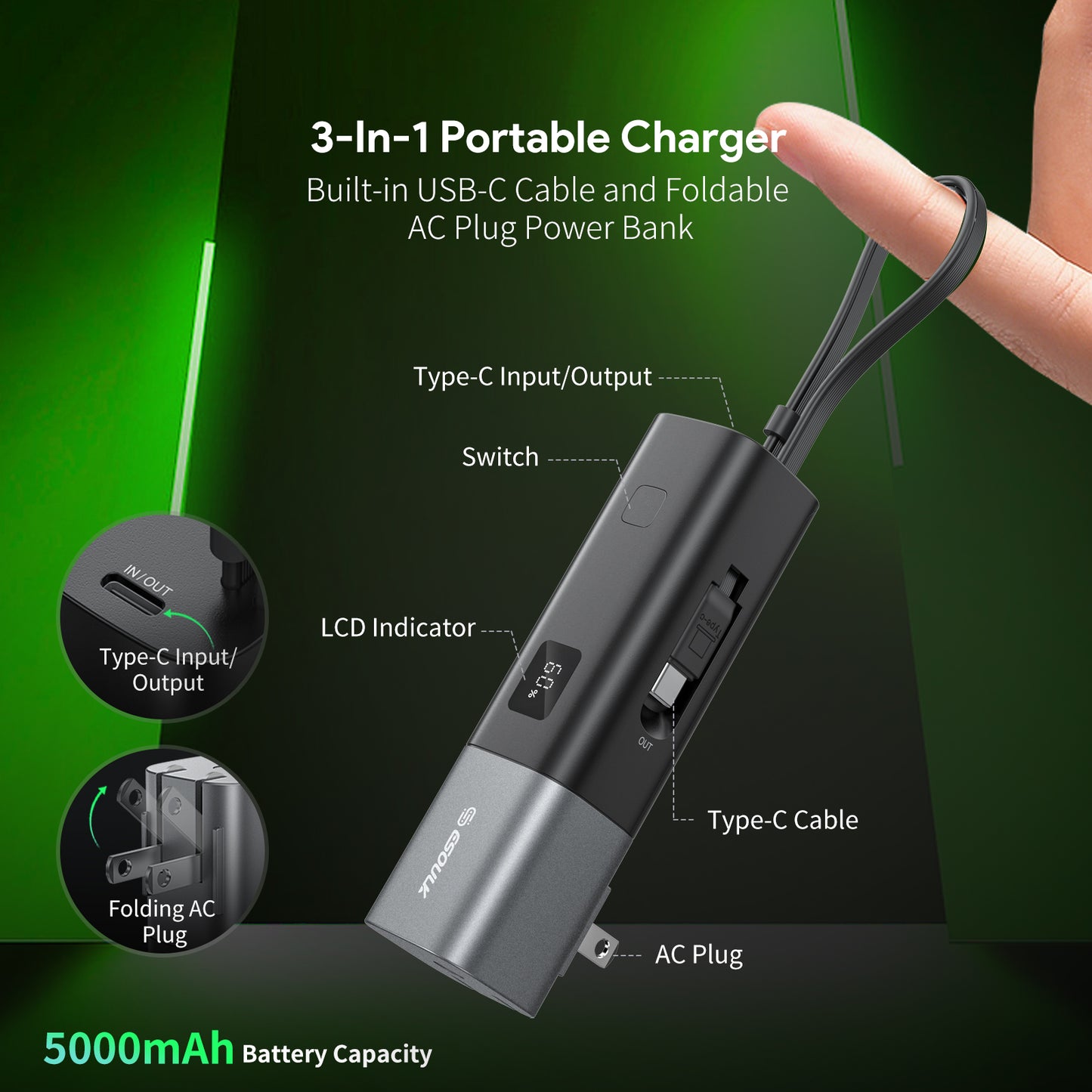 Esoulk 5000mAh PD 20W Built-in Foldable AC Wall Plug and USB (1107120)