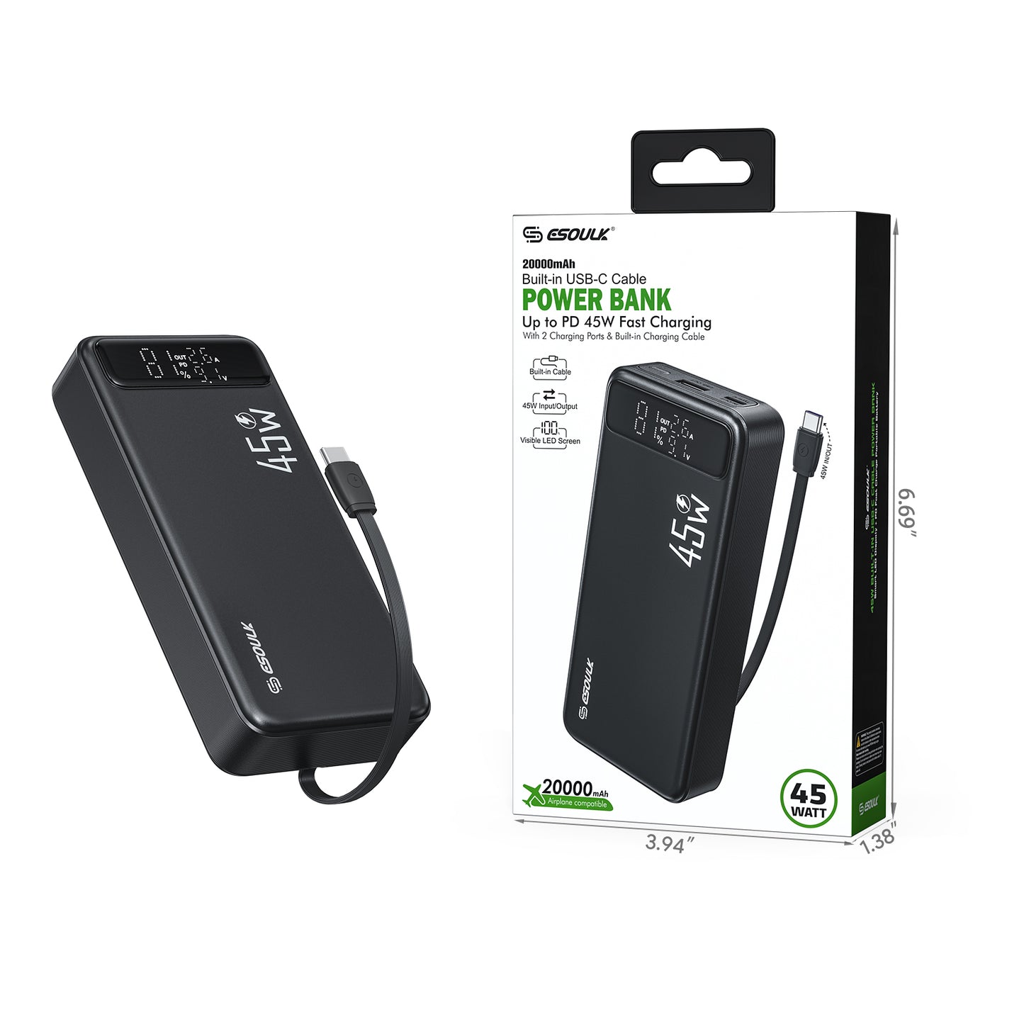 Esoulk 20000mAh PD 45W Built-in USB-C Cable Power Bank (1107473)