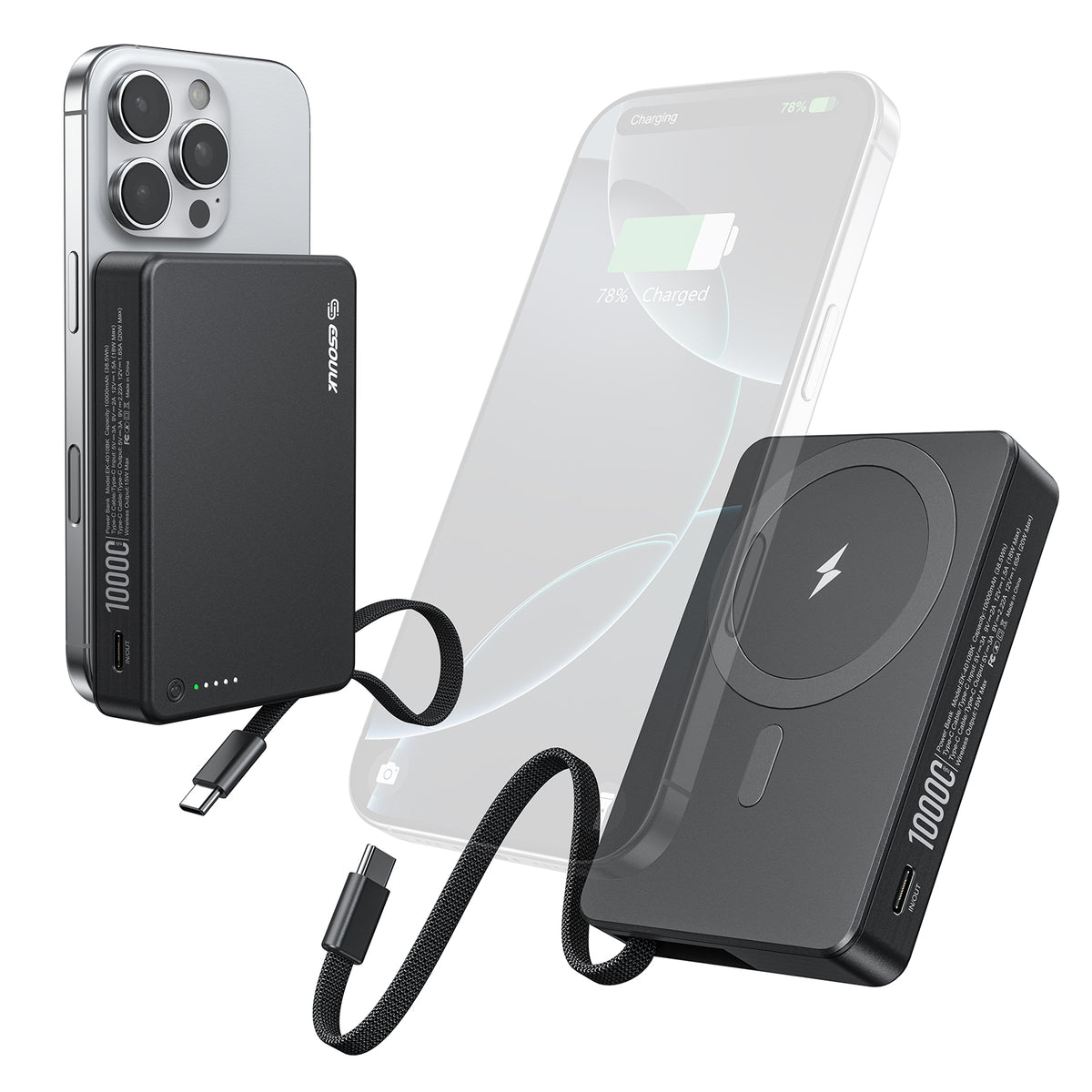 Esoulk 10000mAh Built-In Cable Magnetic Power Bank (1108276)(MSRP $69.99)