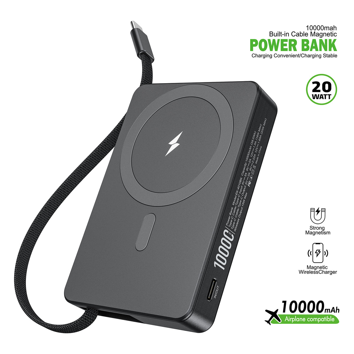 Esoulk 10000mAh Built-In Cable Magnetic Power Bank (1108276)(MSRP $69.99)