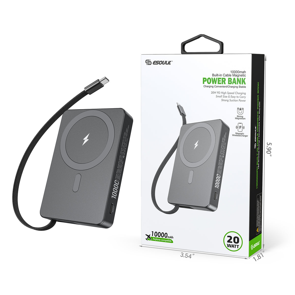 Esoulk 10000mAh Built-In Cable Magnetic Power Bank (1108276)(MSRP $69.99)