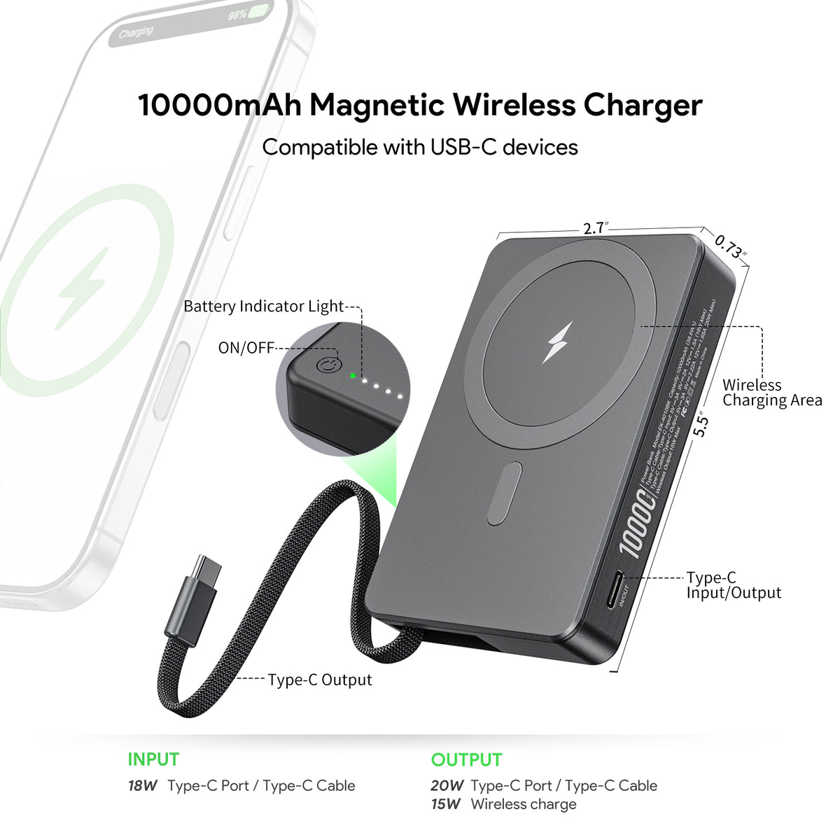 Esoulk 10000mAh Built-In Cable Magnetic Power Bank (1108276)(MSRP $69.99)