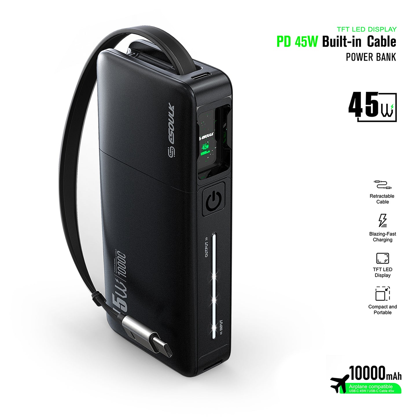 ESOULK 10000mAh PD 45W Built-in Retractable Cable Power Bank  ( 1107708) (MSRP $59.99)