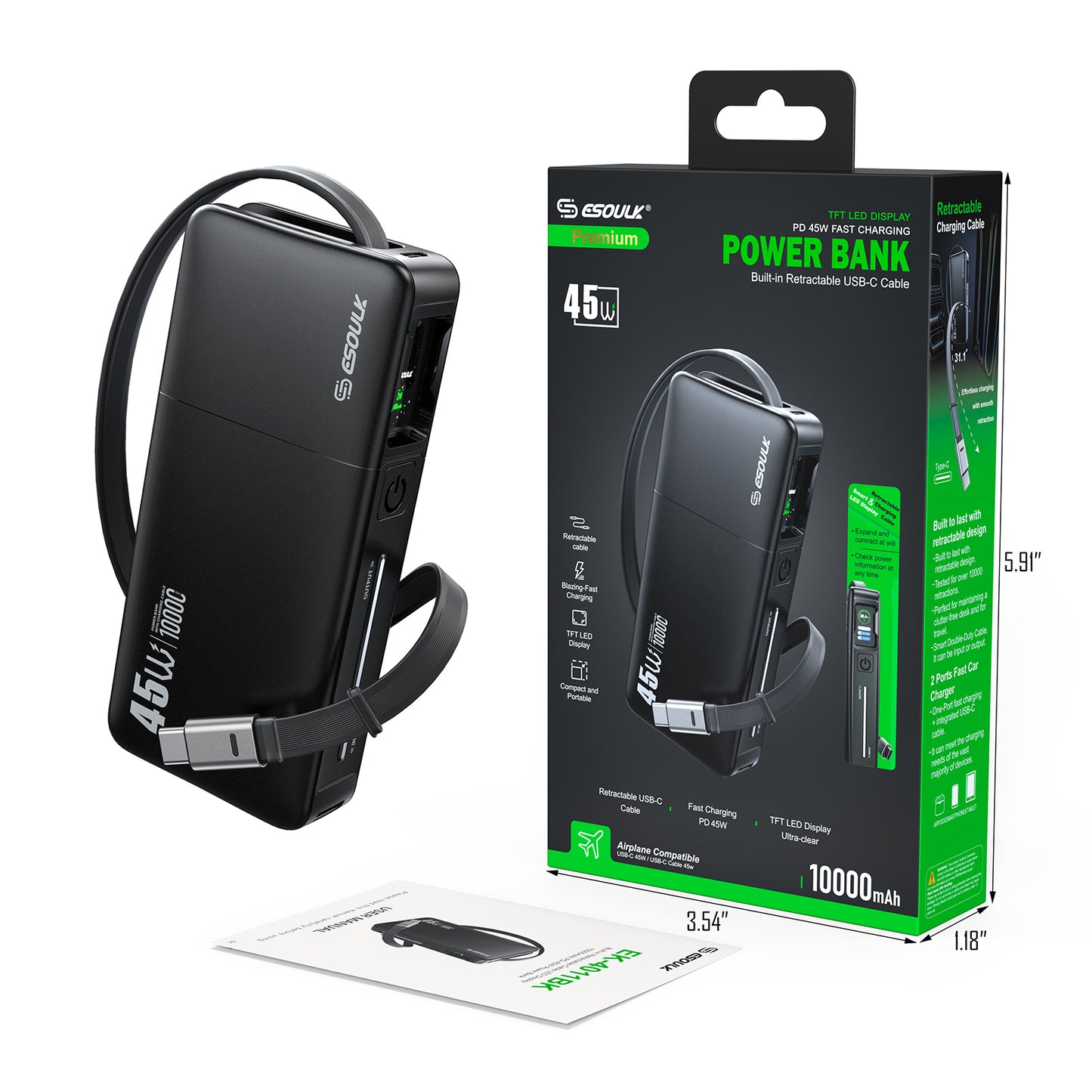ESOULK 10000mAh PD 45W Built-in Retractable Cable Power Bank  ( 1107708) (MSRP $59.99)