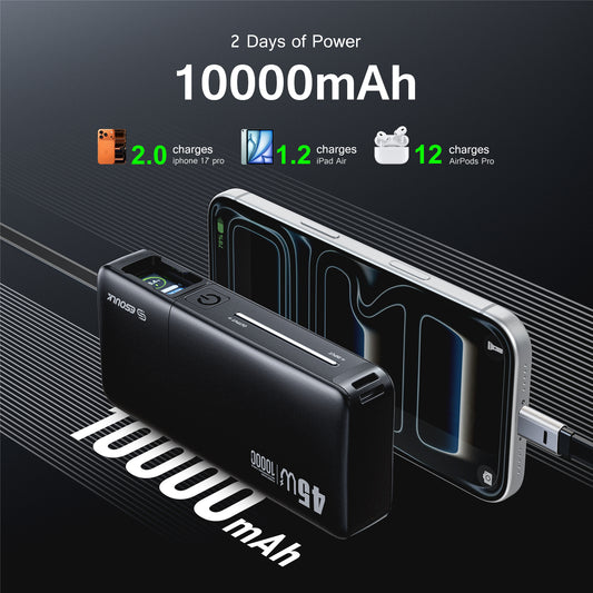 ESOULK 10000mAh PD 45W Built-in Retractable Cable Power Bank  ( 1107708) (MSRP $59.99)