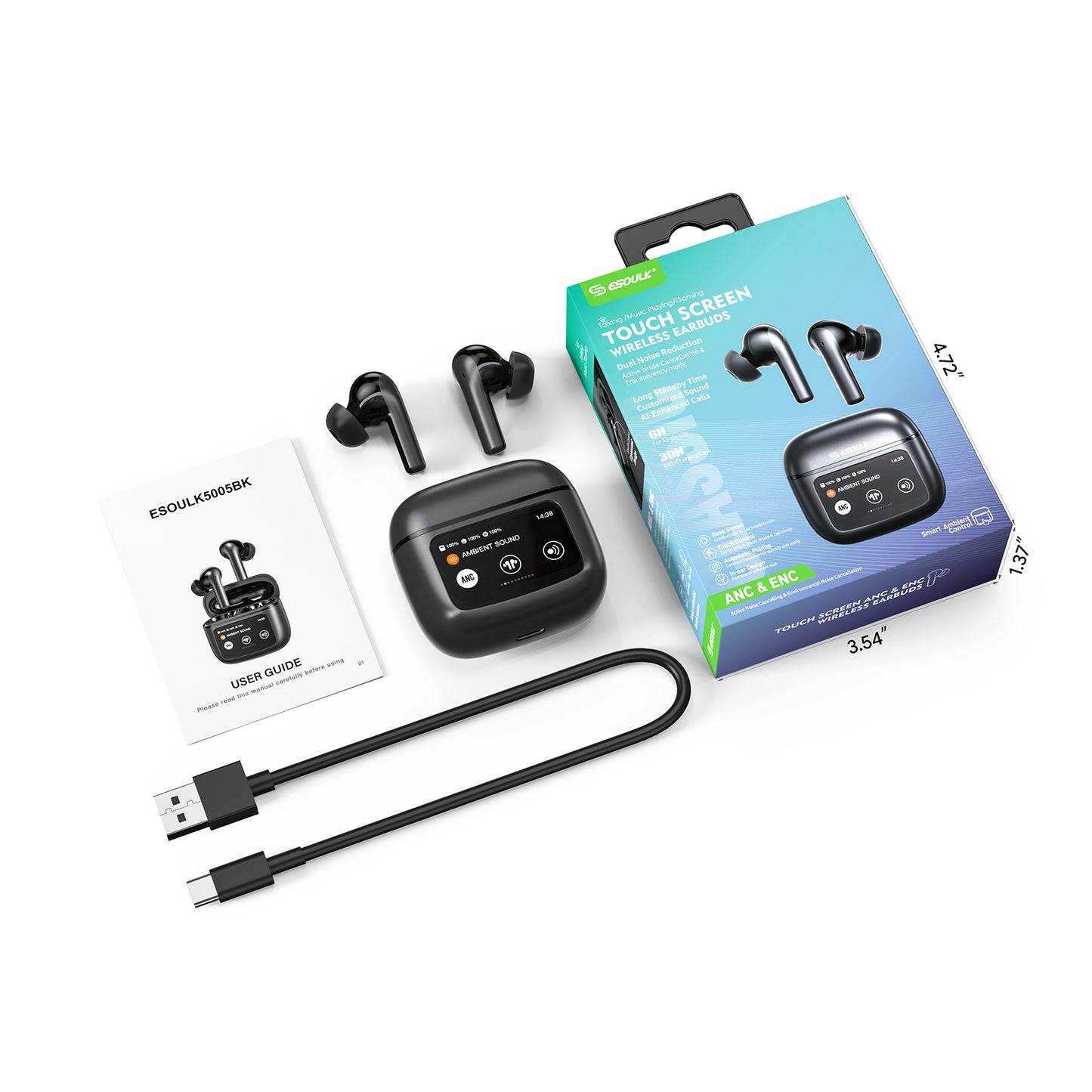 ESOULK Touch Screen ANC&ENC Wireless Earbuds ( 1108082) (MSRP $39.99)