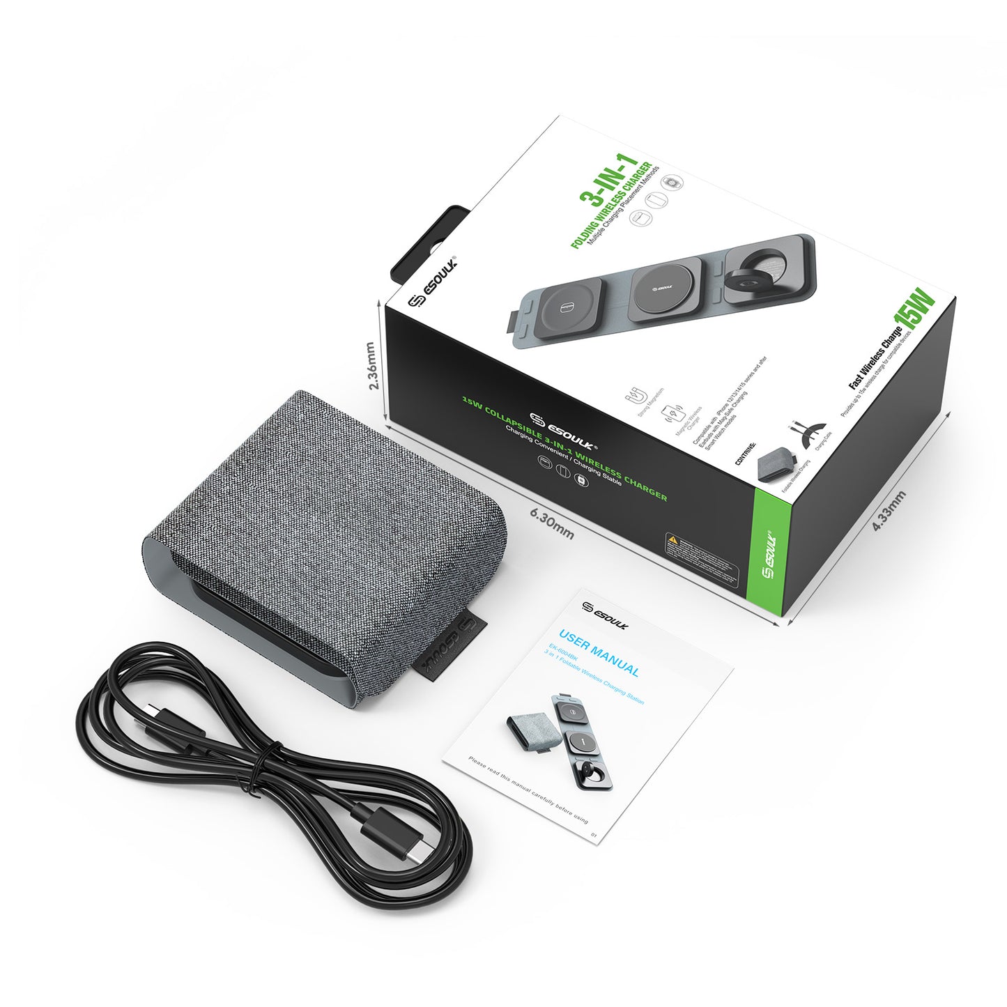 Esoulk 15W 3-in-1 Collapsible Magnetic Wireless Charger (1103045) (MSRP 59.99)