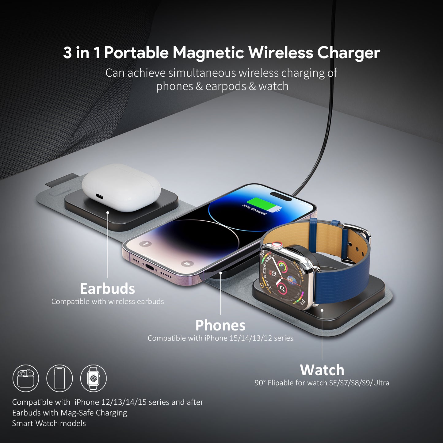 Esoulk 15W 3-in-1 Collapsible Magnetic Wireless Charger (1103045) (MSRP 59.99)