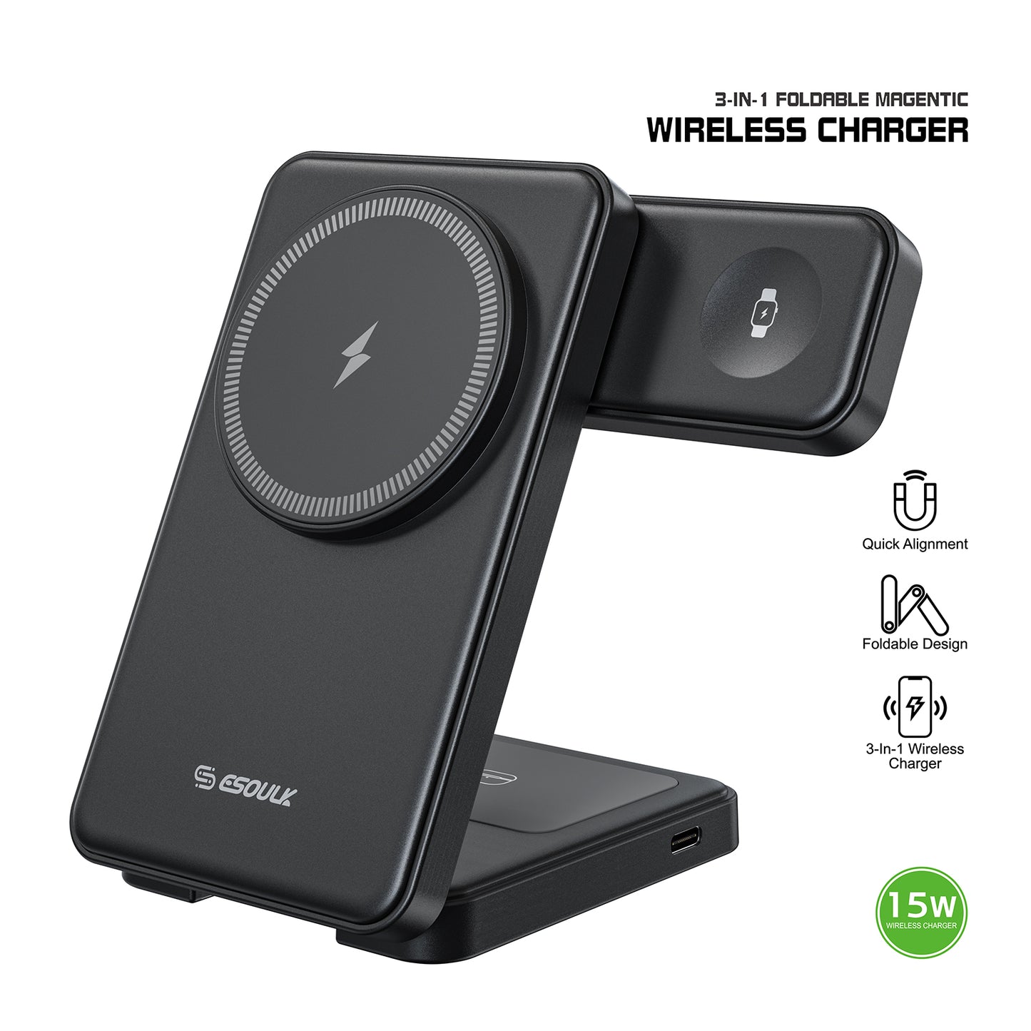 Esoulk 3-in-1 Foldable Magnetic Wireless Charger - Black (1102709)