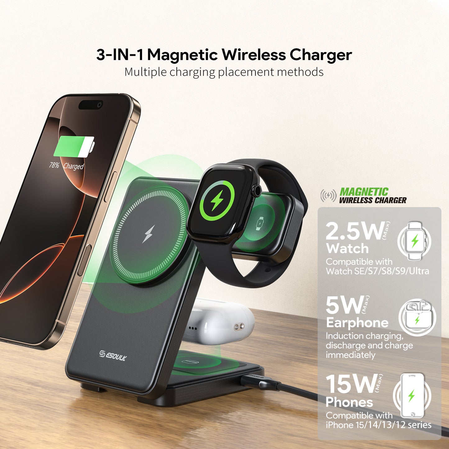 Esoulk 3-in-1 Foldable Magnetic Wireless Charger - Black (1102709)