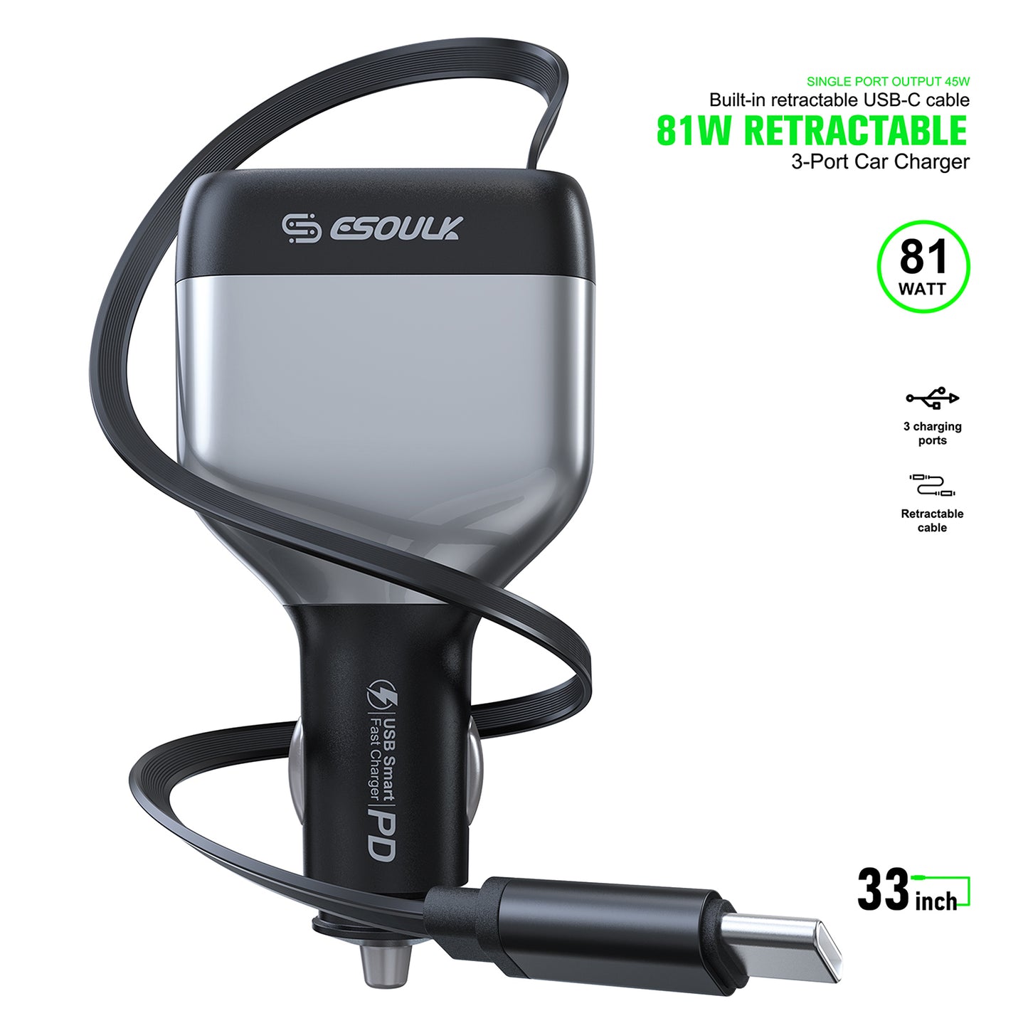 ESOULK 81W Built-in Retractable USB-C Cable Car Charger  ( 1107705) (MSRP $69.99)