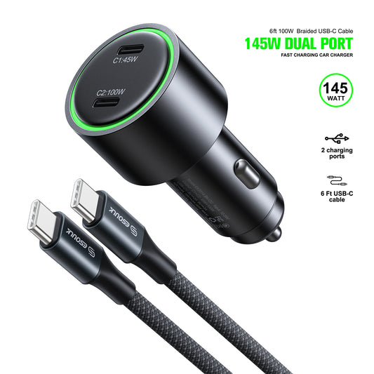 ESOULK 145W Fast Charging Car Charger + 6FT 100W USB-C Braided Charge  ( 1107704) (MSRP $59.99)