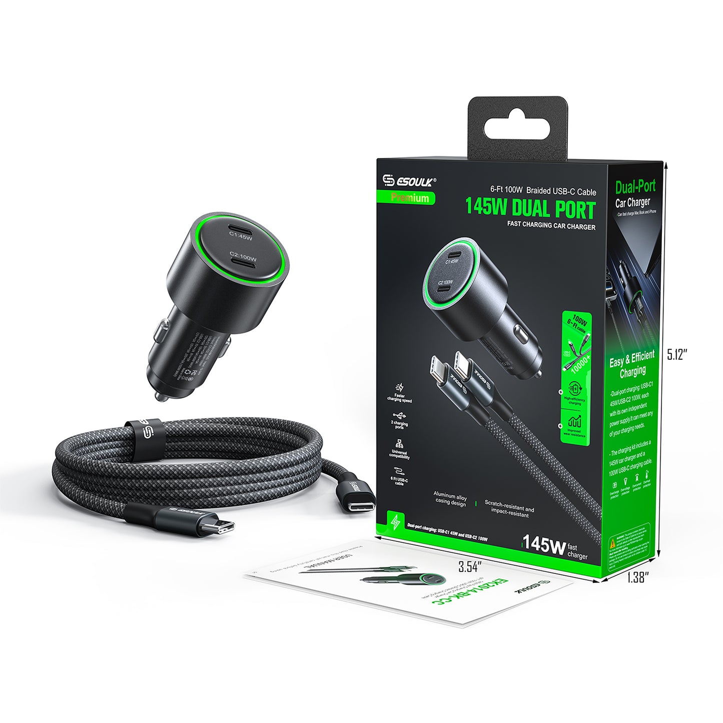 ESOULK 145W Fast Charging Car Charger + 6FT 100W USB-C Braided Charge  ( 1107704) (MSRP $59.99)