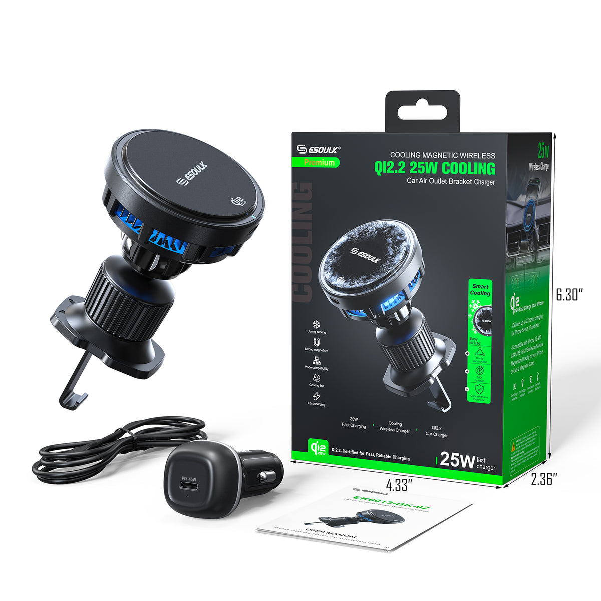 Esoulk 25W Qi2.2 Cooling Magnetic Wireless Air Vent Car Charger  (1108274)(MSRP $69.99)