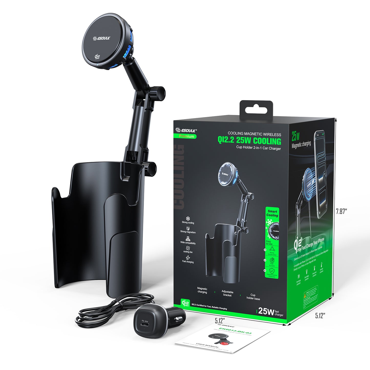 ESOULK 25W Qi2.2 Cooling Magnetic Wireless Car Charger Cup Holder  ( 1107707) (MSRP $89.99)