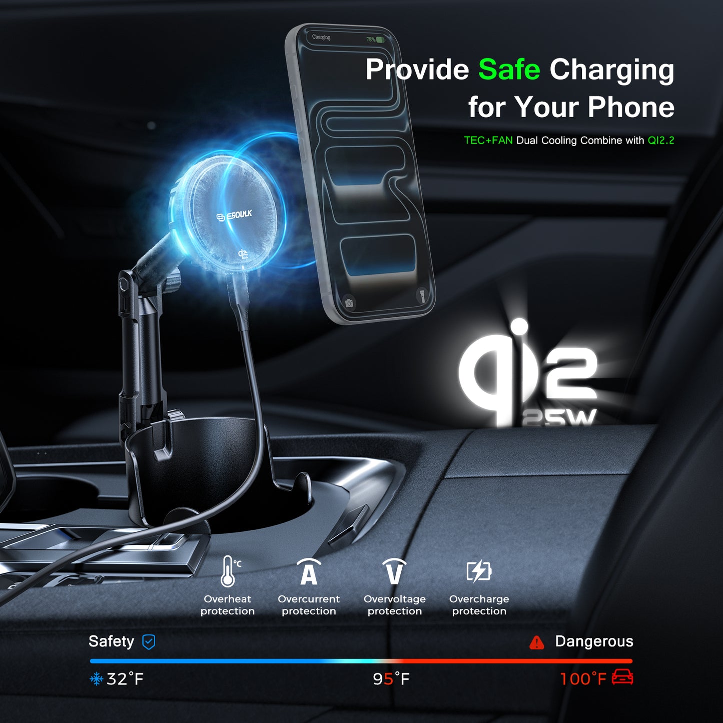 ESOULK 25W Qi2.2 Cooling Magnetic Wireless Car Charger Cup Holder  ( 1107707) (MSRP $89.99)