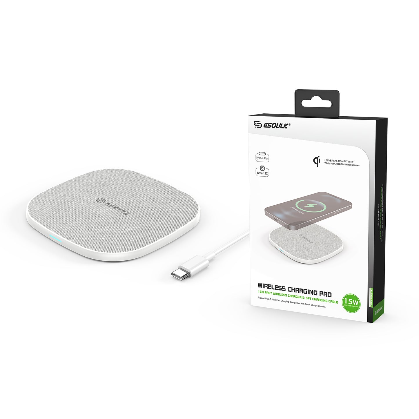 ESOULK 15W QI WIRELESS CHARGER & 5FT TYPE-C CHARGING CABLE - White  (1107700)