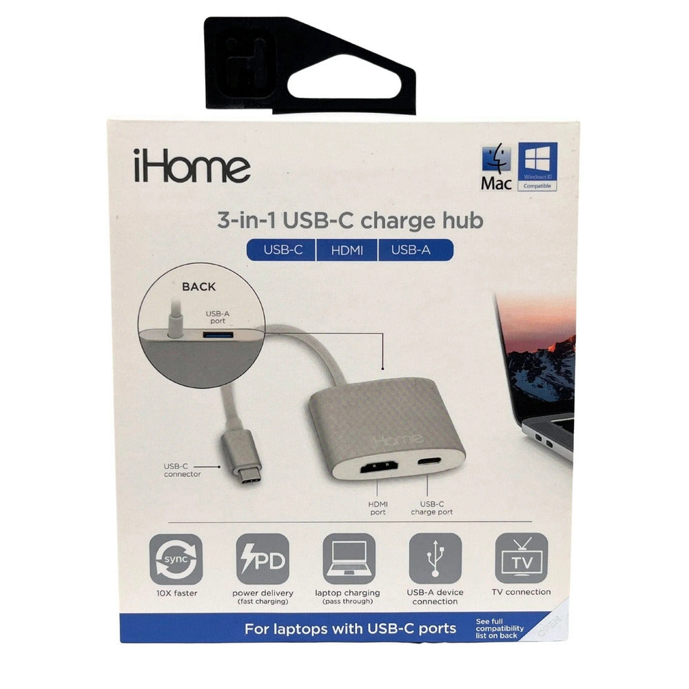 iHome USB Type-C Hub with HDMI Port, USB 3.0 and Type-C Port (Silver)  (1102947)