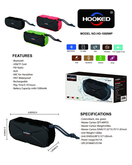 HOOKED HD-1000WP Waterproof IPX7 Speaker -Black (1105300)