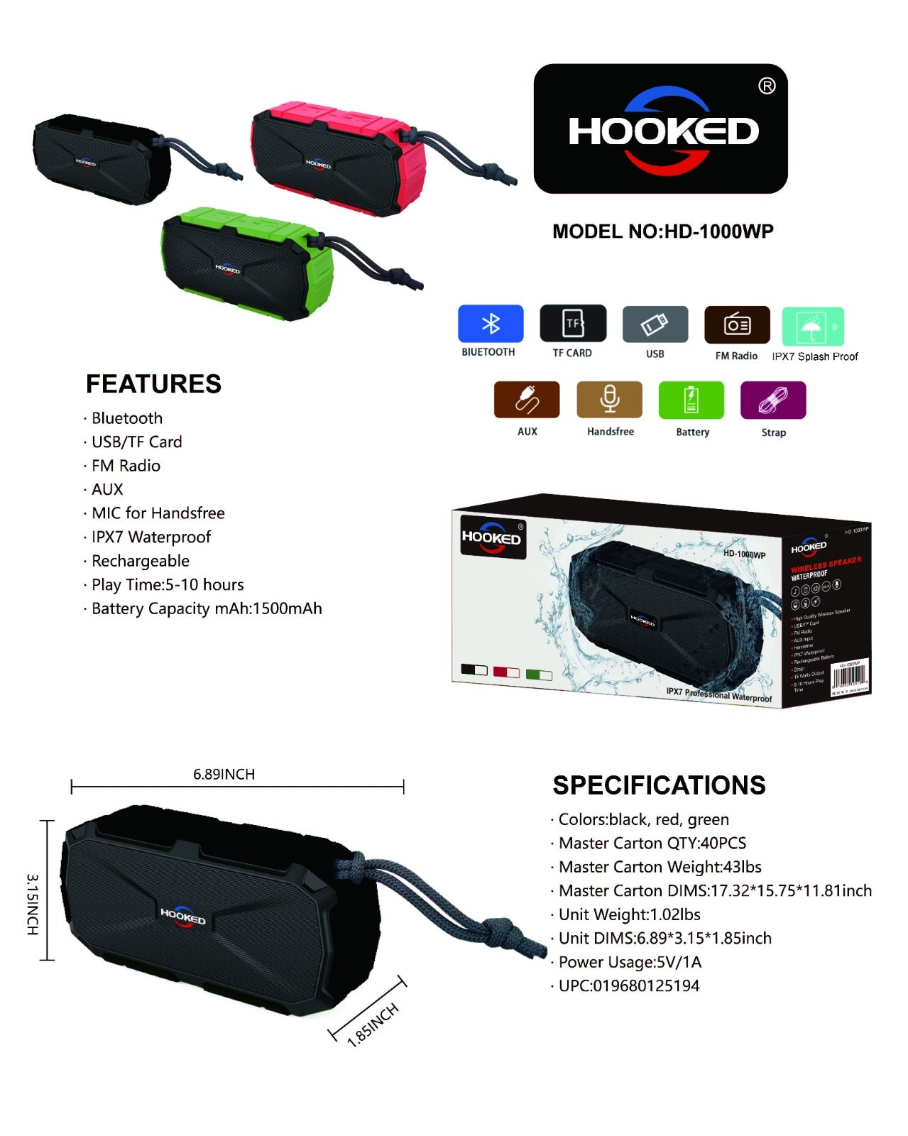 HOOKED HD-1000WP Waterproof IPX7 Speaker -Red (1105301)