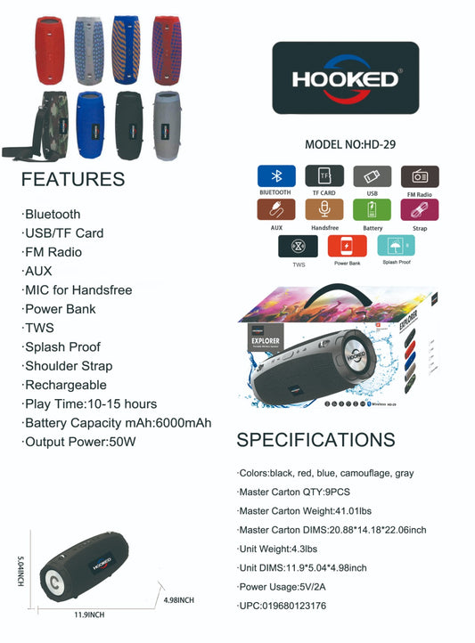 HOOKED Explorer HD-29 High Power Waterproof Bluetooth Speaker With TWS and Built in Power Bank - Black (1105297)