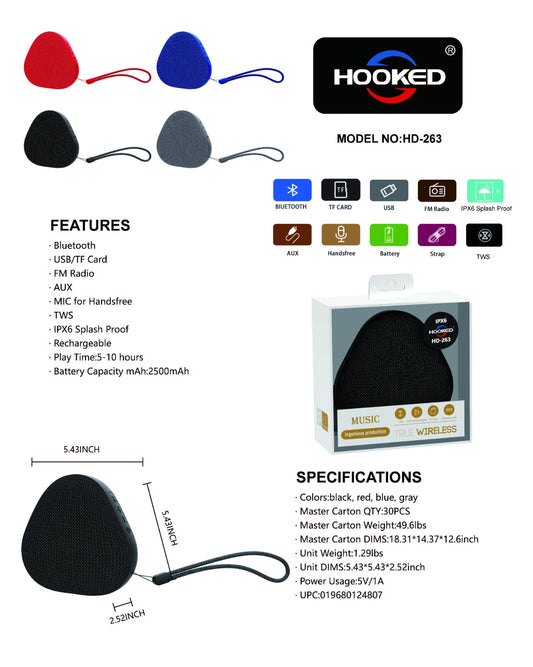 HOOKED HD-263 Portable High Power Wireless Speaker IPX6- Grey (1105292)