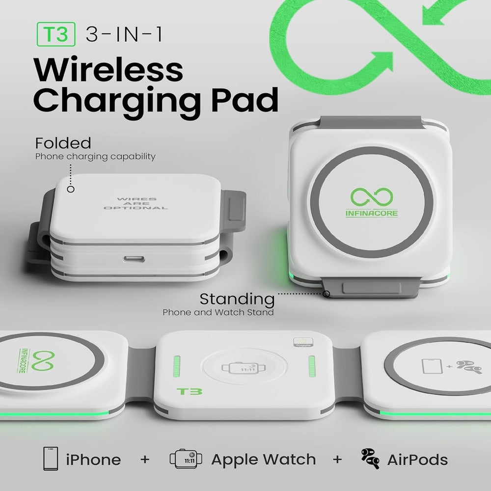 InfinaCore 3-in-1 Charging Station for Apple Devices - Travel Essentials- Magnetic Wireless Travel Charger - Foldable Charging Pad for Magsafe iPhones, AirPods & Apple Watch - White( 1107589) (MSRP $79.99) )