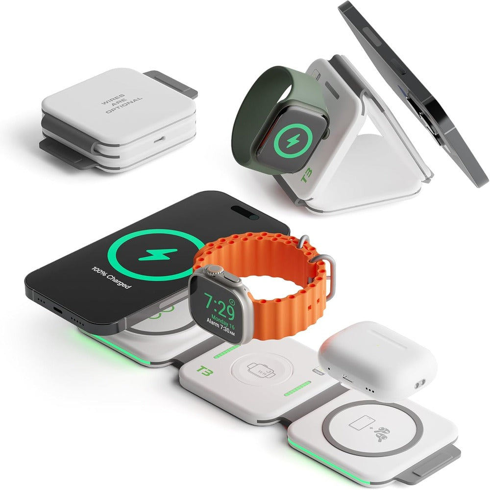 InfinaCore 3-in-1 Charging Station for Apple Devices - Travel Essentials- Magnetic Wireless Travel Charger - Foldable Charging Pad for Magsafe iPhones, AirPods & Apple Watch - White( 1107589) (MSRP $79.99) )