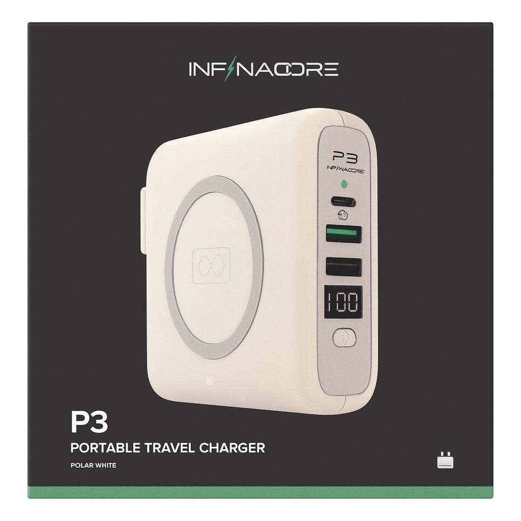 INFINACORE Pandora Portable Power (P3) Global Wireless Charger USB-C Wall Charger 8000 mAh Power Bank, USB-C PowerDelivery Battery Pack, Fast Charge Phone Laptop Charger Travel with LED Display - White ( 1103651) (MSRP $79.99)