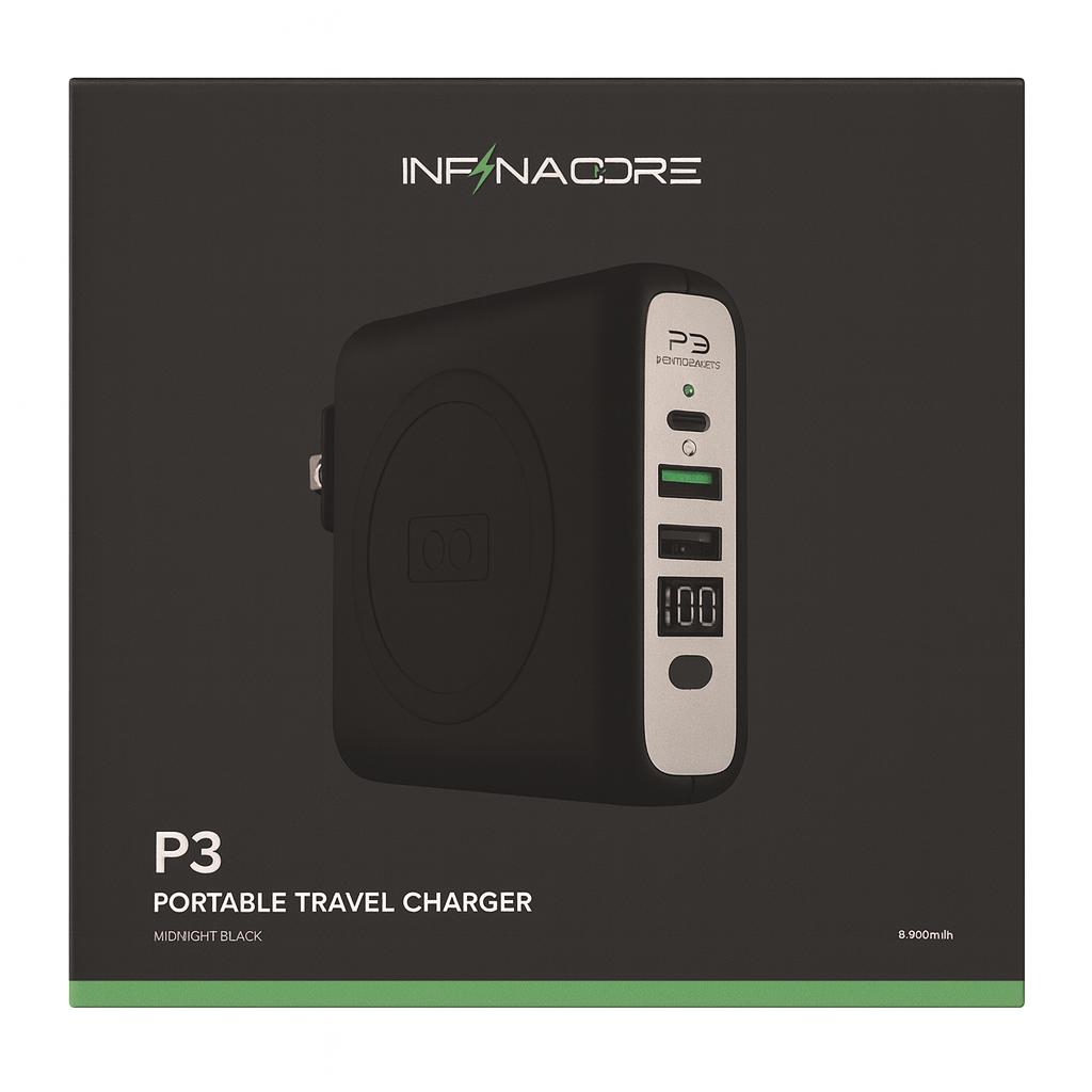 INFINACORE Pandora Portable Power (P3) Global Wireless Charger USB-C Wall Charger 8000 mAh Power Bank, USB-C PowerDelivery Battery Pack, Fast Charge Phone Laptop Charger Travel with LED Display - BLACK  ( 1103650) (MSRP $79.99)