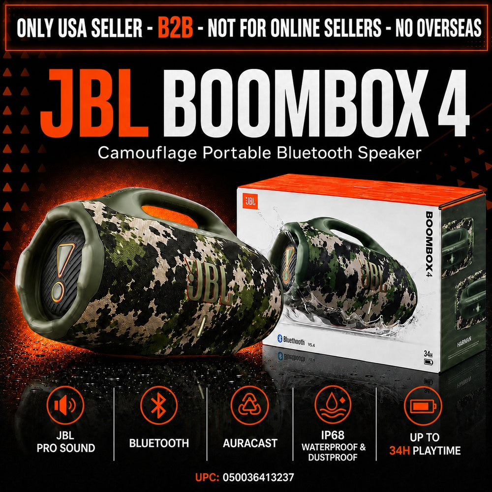 JBL Boombox 4, Portable Bluetooth Speaker, JBL Pro Sound with AI Sound Boost, IP68 Waterproof/Dustproof, Up to 34H Playtime, Auracast Multi-Speaker Connection, Two Bass Boost Settings.  CAMOUFLAGE  (1107915) (MSRP $599.99)