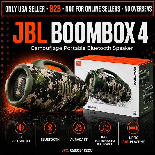 JBL Boombox 4, Portable Bluetooth Speaker, JBL Pro Sound with AI Sound Boost, IP68 Waterproof/Dustproof, Up to 34H Playtime, Auracast Multi-Speaker Connection, Two Bass Boost Settings.  CAMOUFLAGE  (1107915) (MSRP $599.99)