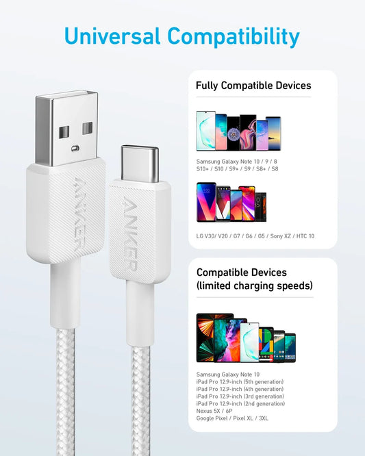 ANKER 322 BRAIDED USB-A TO USB-C 10’ CABLE - WHITE (1108243) (MSRP $39.99)
