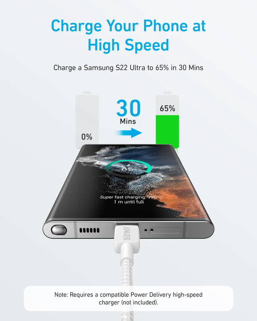 Anker 322 Braided USB-C To USB-C 10' Cable - White (1108241) (MSRP $39.99)