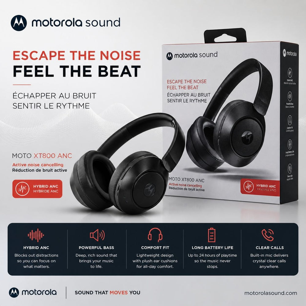 MOTOROLA XT800 ANC OVER THE EAR WIRELESS HEADPHONE WITH ACTIVE NOISE CANCELLATION - BLACK  ( 1107890) (MSRP $79.99)